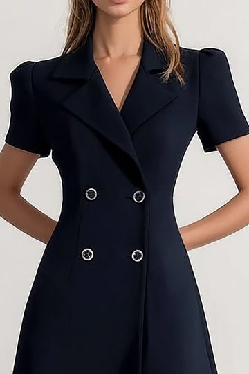 Navy Peak Lapel Double Breasted Satin Short Sleeves Work Dress